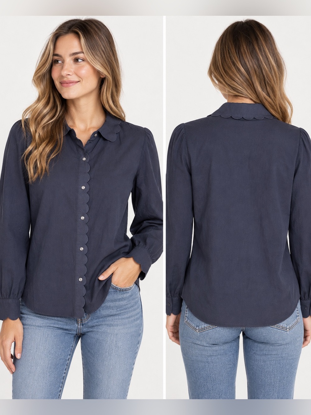 Alex Mill Ruffle Detail Button Down Blouse XL Long Sleeve Navy Business